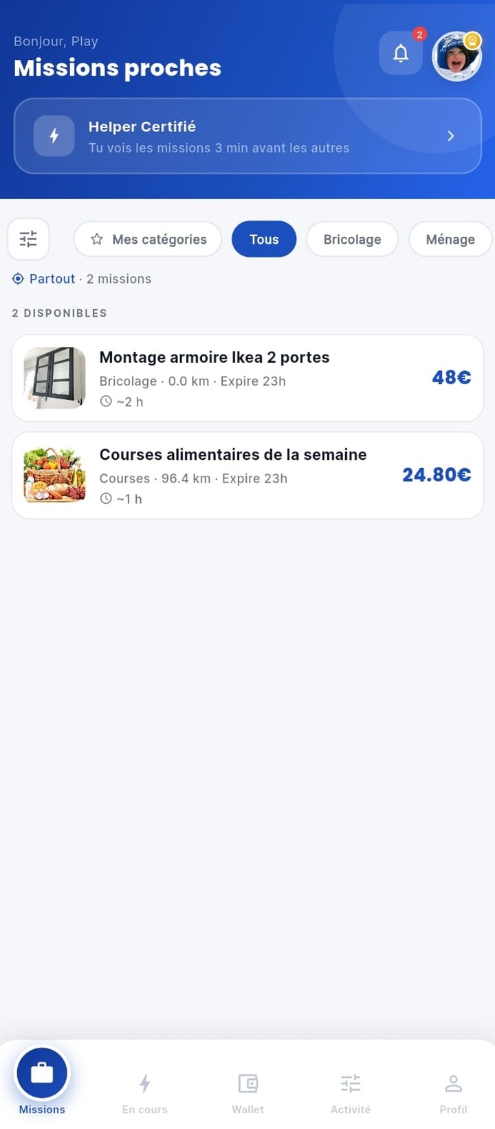 Écran « Missions proches » de l'application Flashelp côté Helper, avec missions disponibles et tarifs