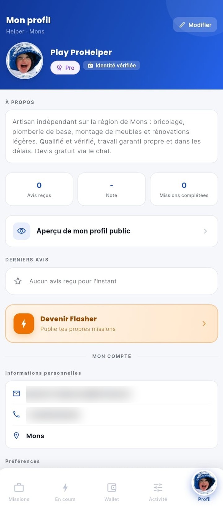 Profil d'un Helper Flashelp : note, identité vérifiée et avis reçus